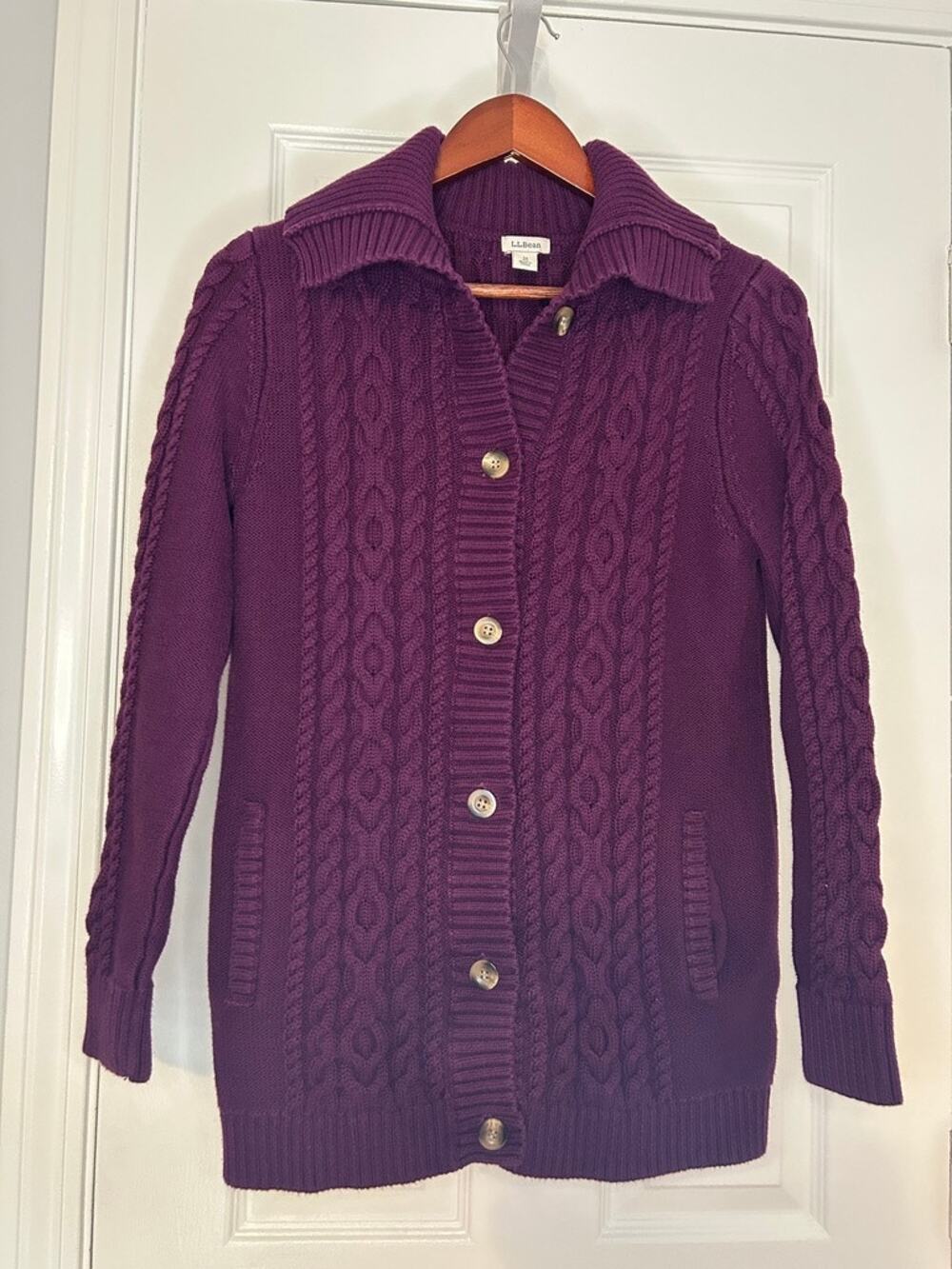 LL Bean Womens M Petite Purple Cotton Cable Knit Button Cardigan Sweater